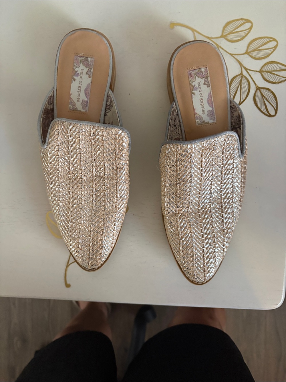 Band of Gypsies Shimmery Woven Pointed Mules in Gold